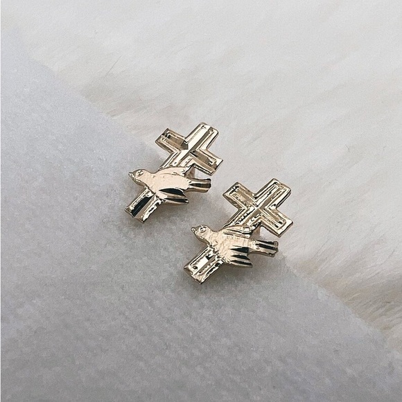 14k solid yellow Gold Cross And Dove Earring Crucifix Studs